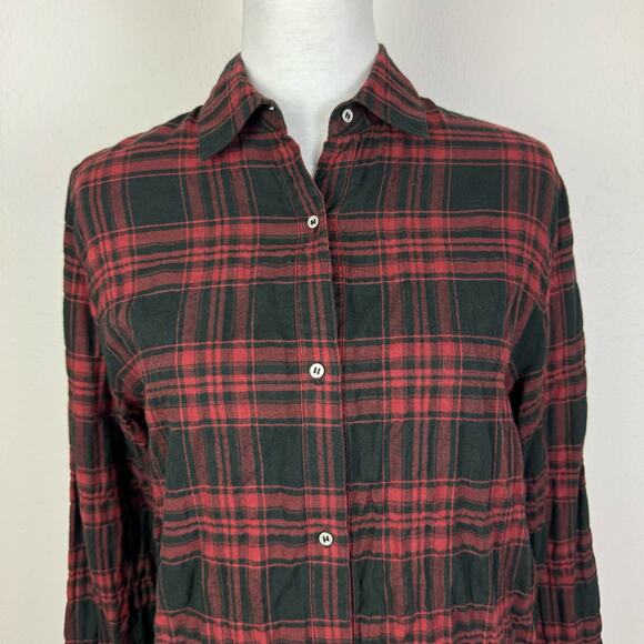 Rag & Bone | Red Black Plaid Gauze Long Sleeve Hi Low Tunic Button Front Shirt - Picture 3 of 10